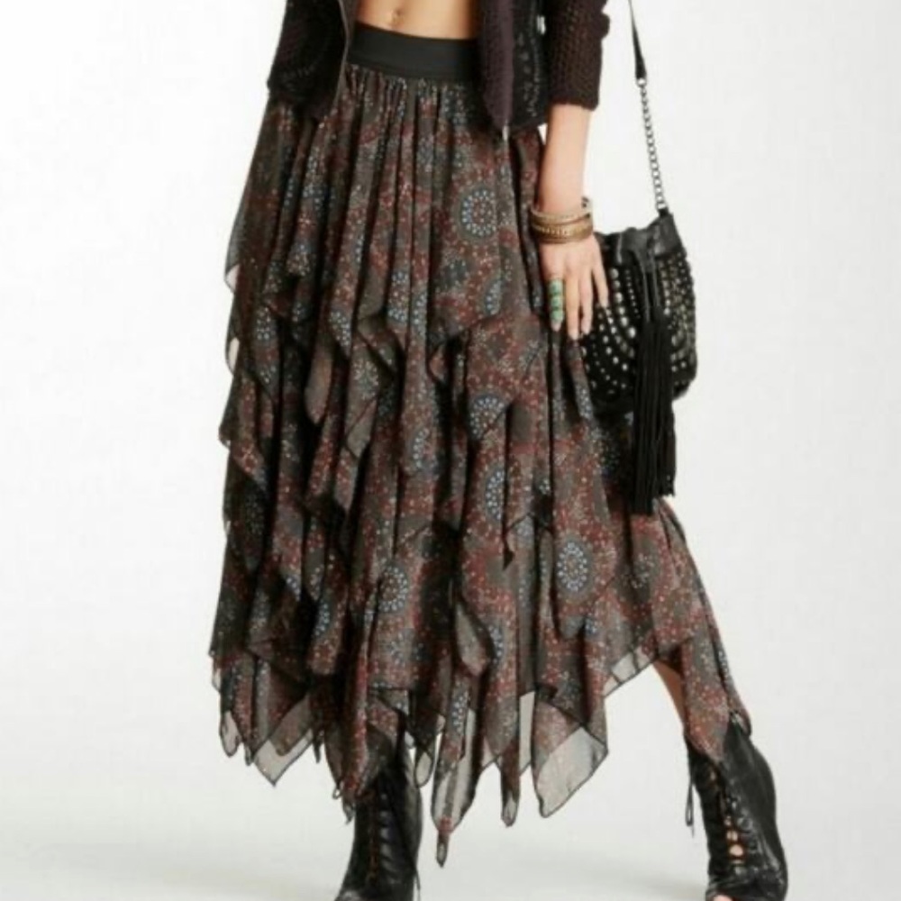 Free People Black Paisley Print Chiffon Layered Ruffle Midi Skirt Size Small